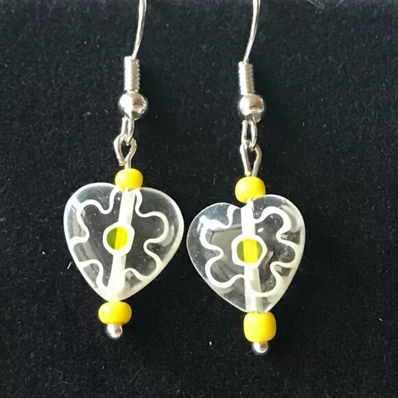Vintage Murano Millefiori Heart Glass Earrings Bead Yellow White Silver Plated - Picture 4 of 10
